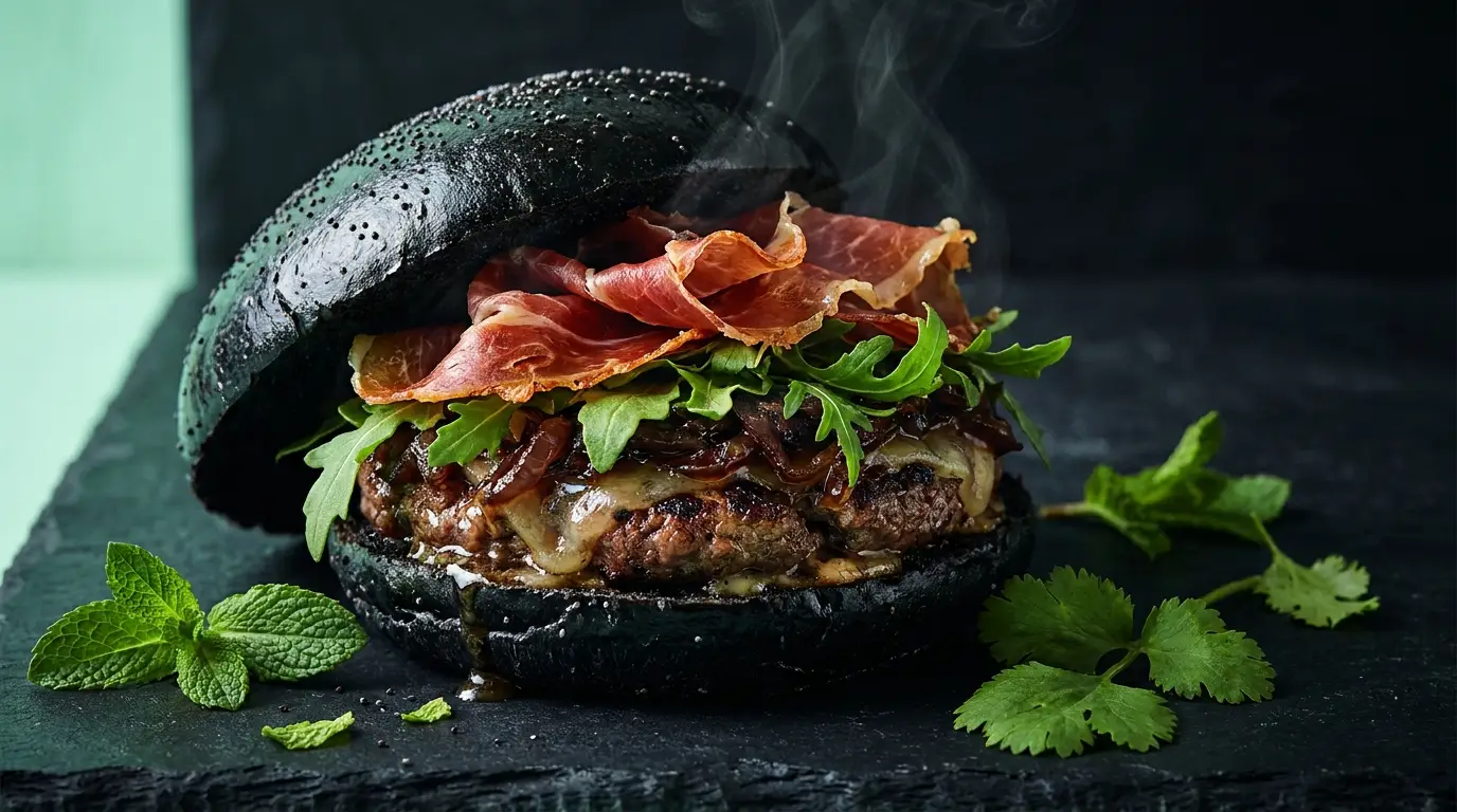 Hamburguesa de pan negro con jamón crujiente y rúcula